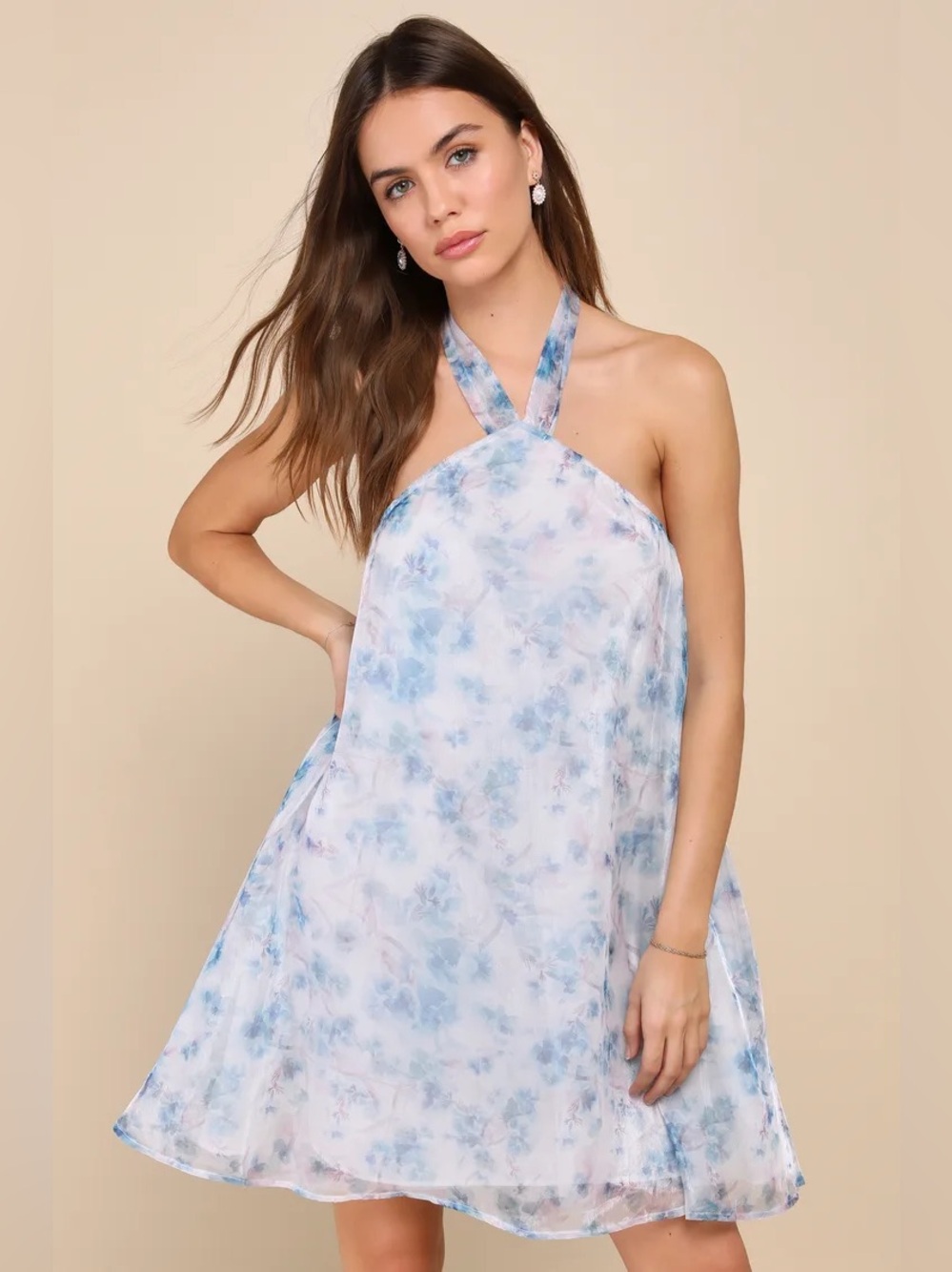 Lulus Gorgeous Grace White Floral Organza Halter Shift Mini Dress NWT Blue Large